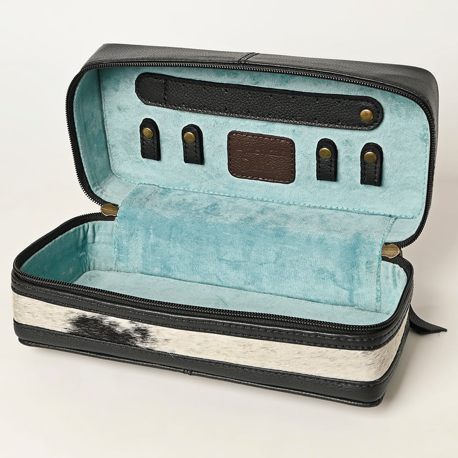 American Darling Hair-On Cowhide Hand Tooled Floral Carved Leather Jewelry Case Genuine Western Leather with YKK Zipper