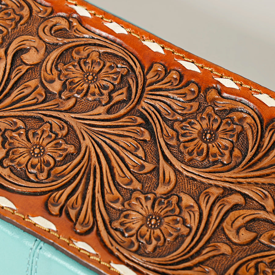 American Darling Hair-On Cowhide Hand Tooled Floral Carved Leather Jewelry Case Genuine Western Leather with YKK Zipper
