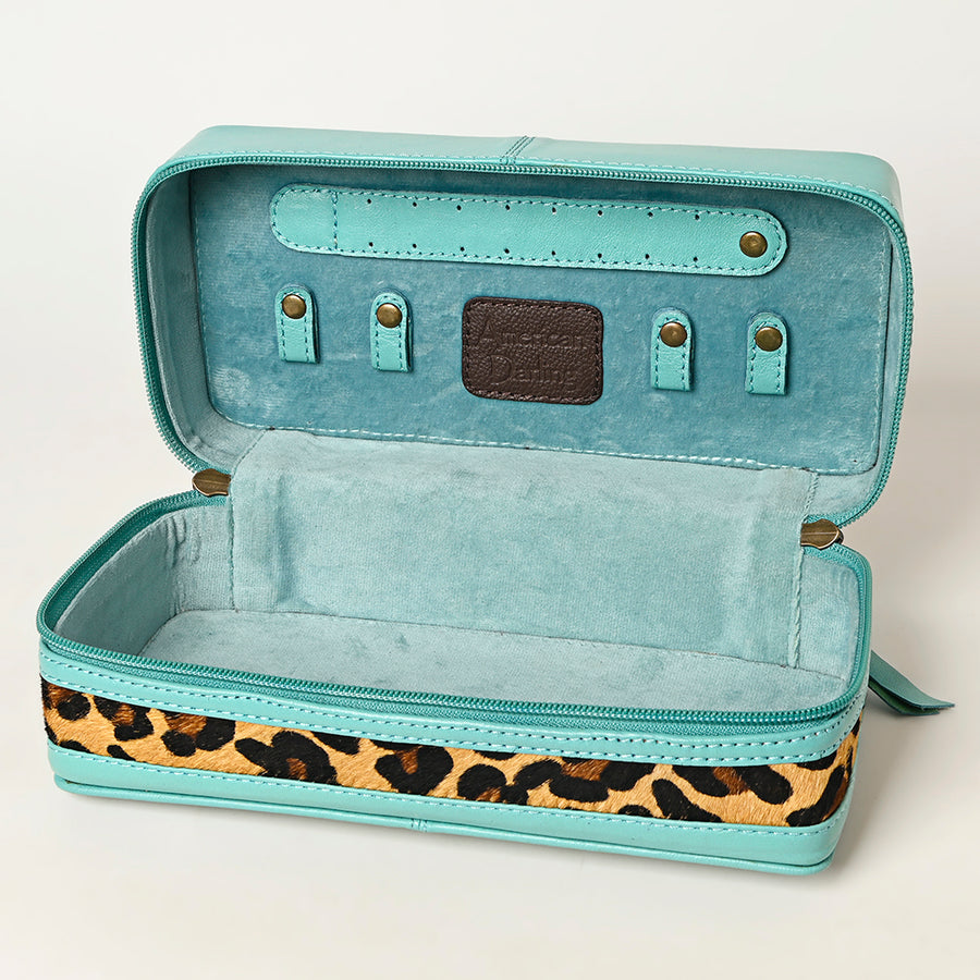 American Darling Hair-On Cowhide Hand Tooled Floral Carved Leather Jewelry Case Genuine Western Leather with YKK Zipper