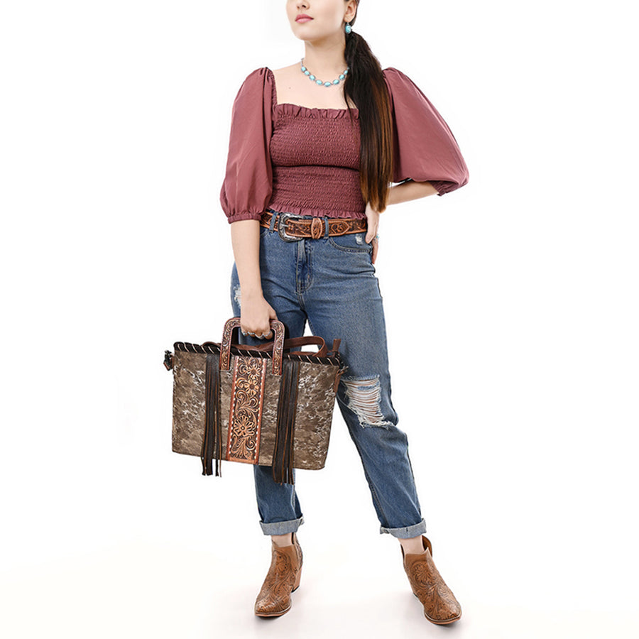 American Darling Western Leather Tote Bag with Hair-On Cowhide, Hand-Tooled Panel, Sturdy Handles, Fringe Sides & Detachable Strap