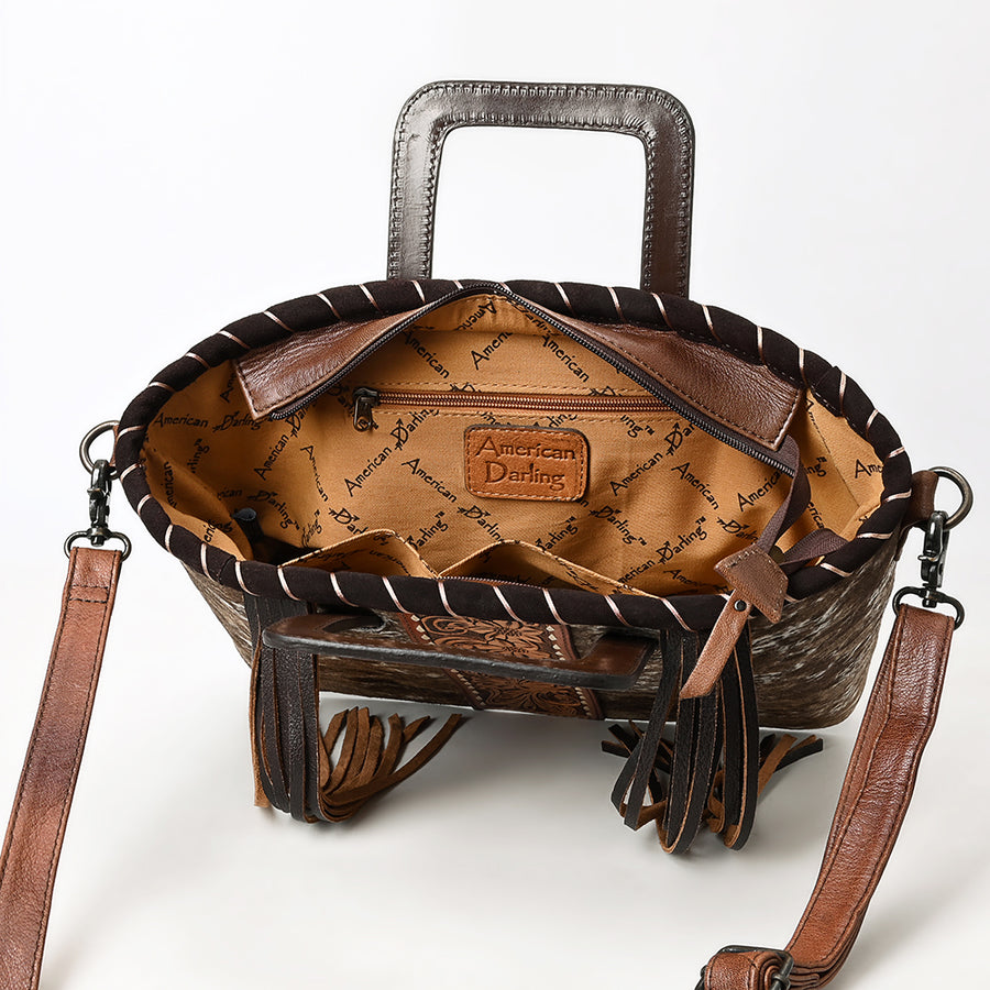 American Darling Western Leather Tote Bag with Hair-On Cowhide, Hand-Tooled Panel, Sturdy Handles, Fringe Sides & Detachable Strap