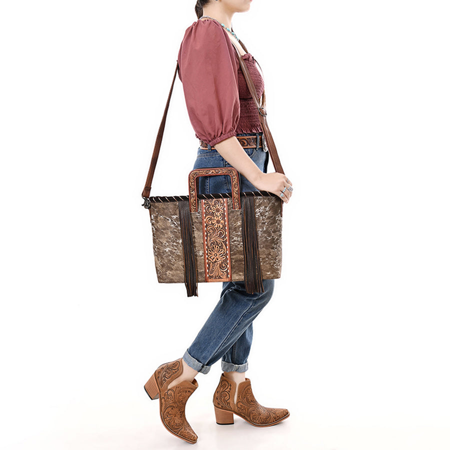 American Darling Western Leather Tote Bag with Hair-On Cowhide, Hand-Tooled Panel, Sturdy Handles, Fringe Sides & Detachable Strap