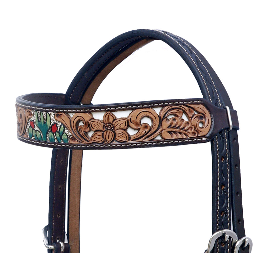 Hilason Horse Floral Hand Painted American Leather Breast Collar Headstall Cactus Brown