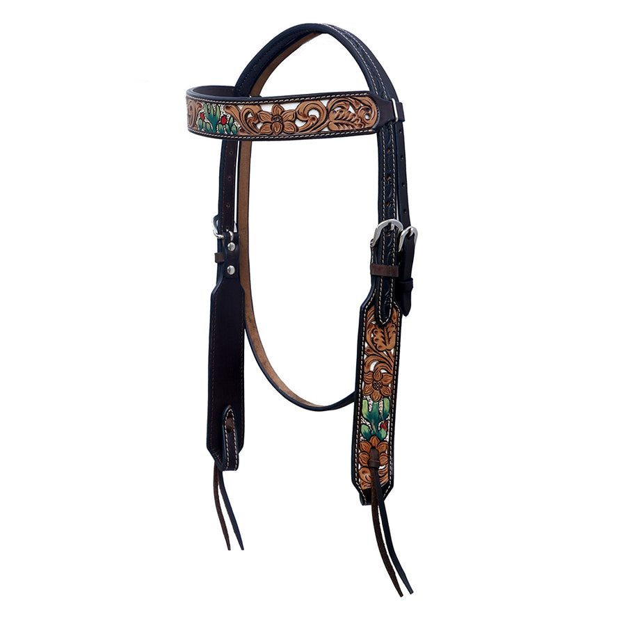 Hilason W. H. Floral Hand Painted American Leather Headstall Cactus by Hilason – Cowboy and equestrian accessories