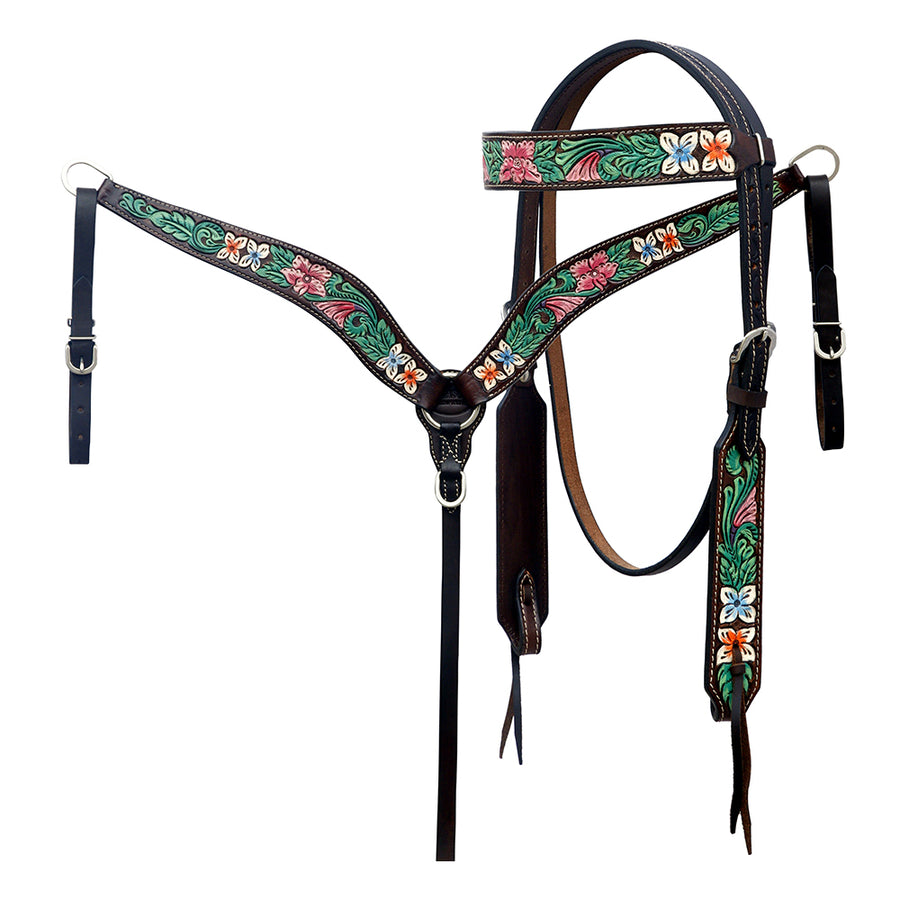 Hilason Horse Floral Hand Painted American Leather Breast Collar Headstall Brown - Uhorse