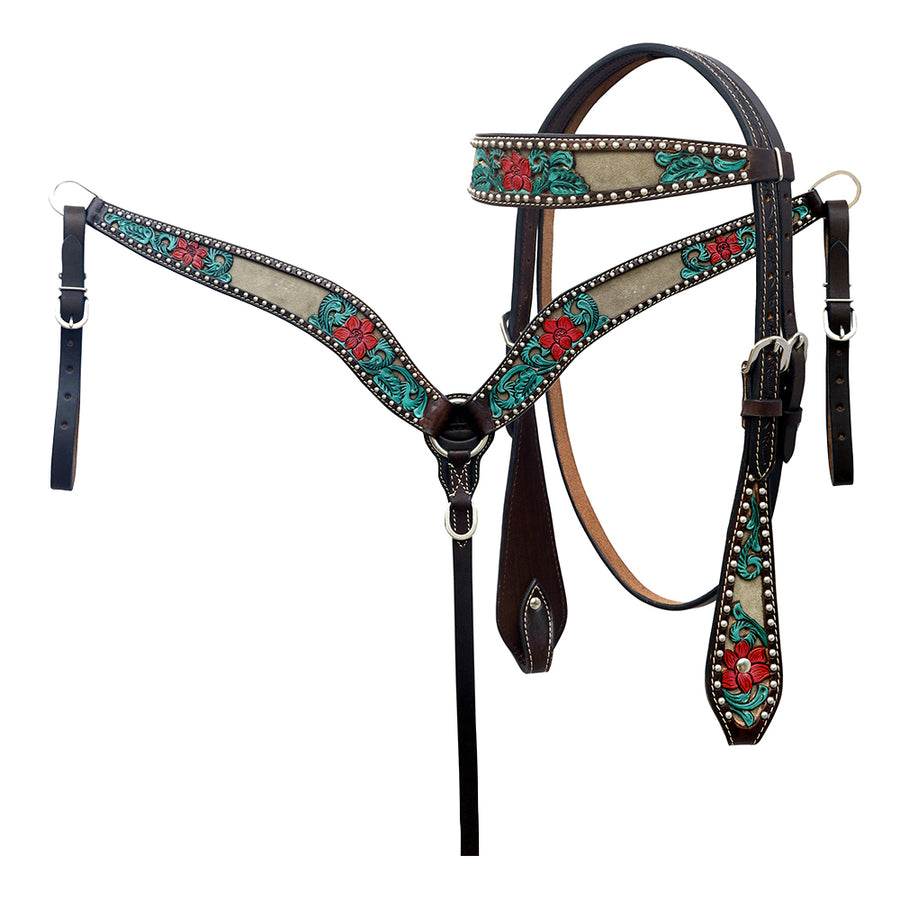 Hilason Horse Floral Hand Carved American Leather Breast Collar Headstall Brown - Uhorse