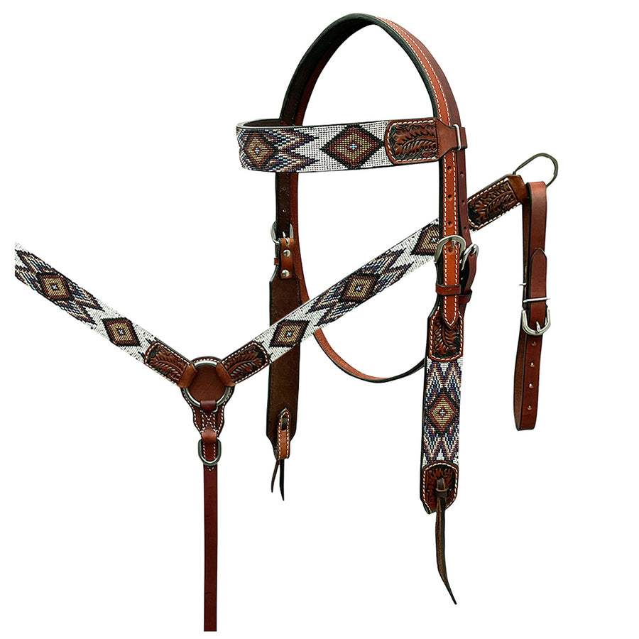 Hilason Horse Leaf Hand Carved American Leather Breast Collar Headstall Brown Beaded Work - Uhorse