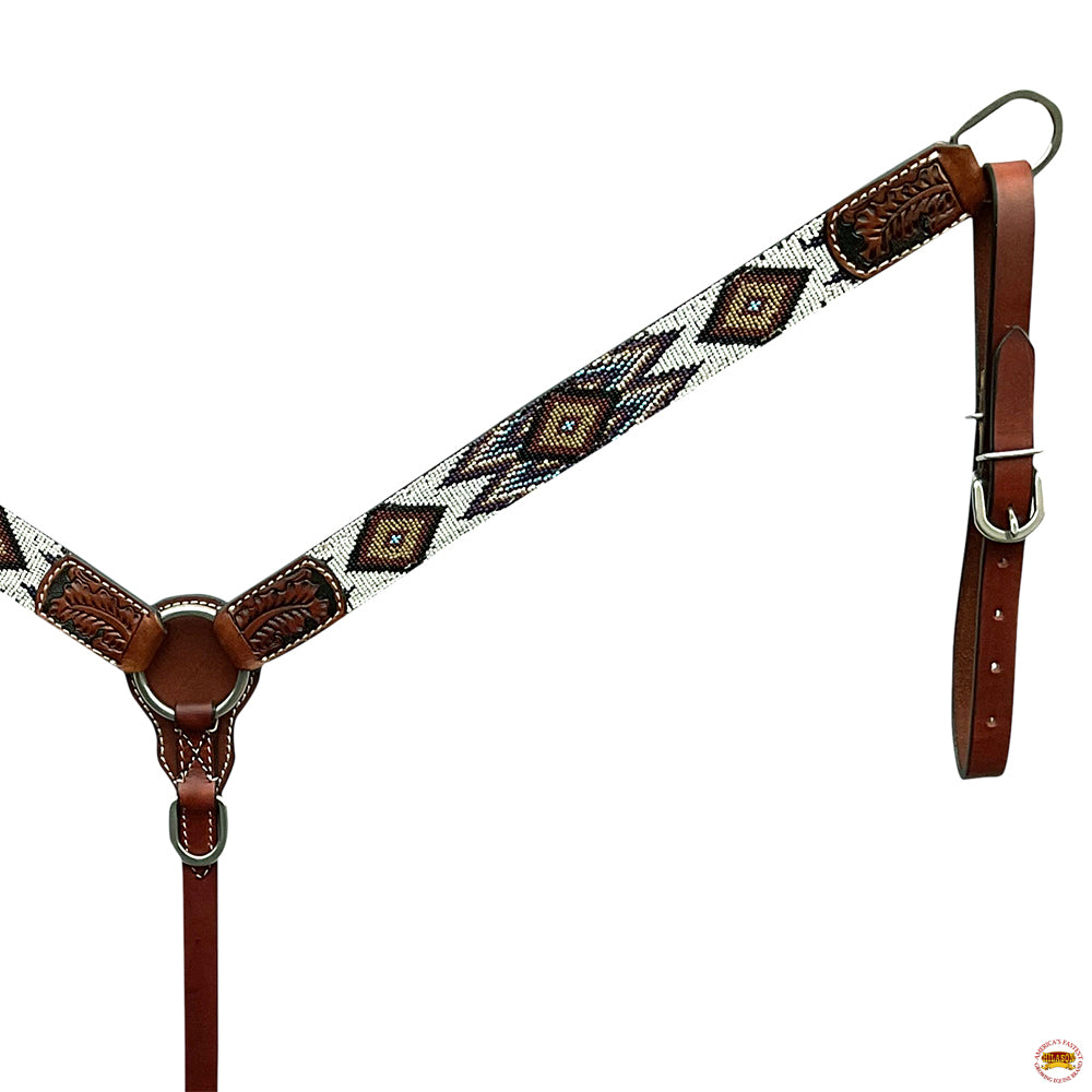 Hilason Horse Leaf Hand Carved American Leather Breast Collar Headstall Brown Beaded Work
