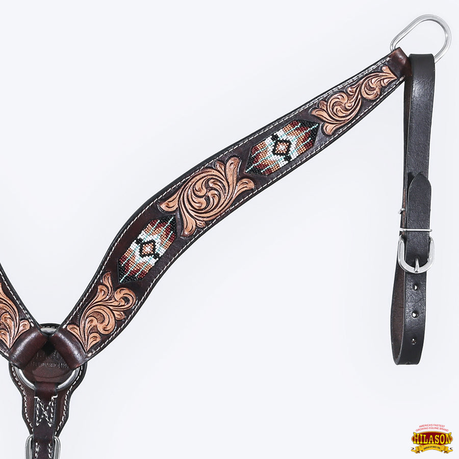 HILASON Western Horse Beaded Hand Tooled Genuine Leather Headstall Breast Collar Brown | Tack Set for Horses