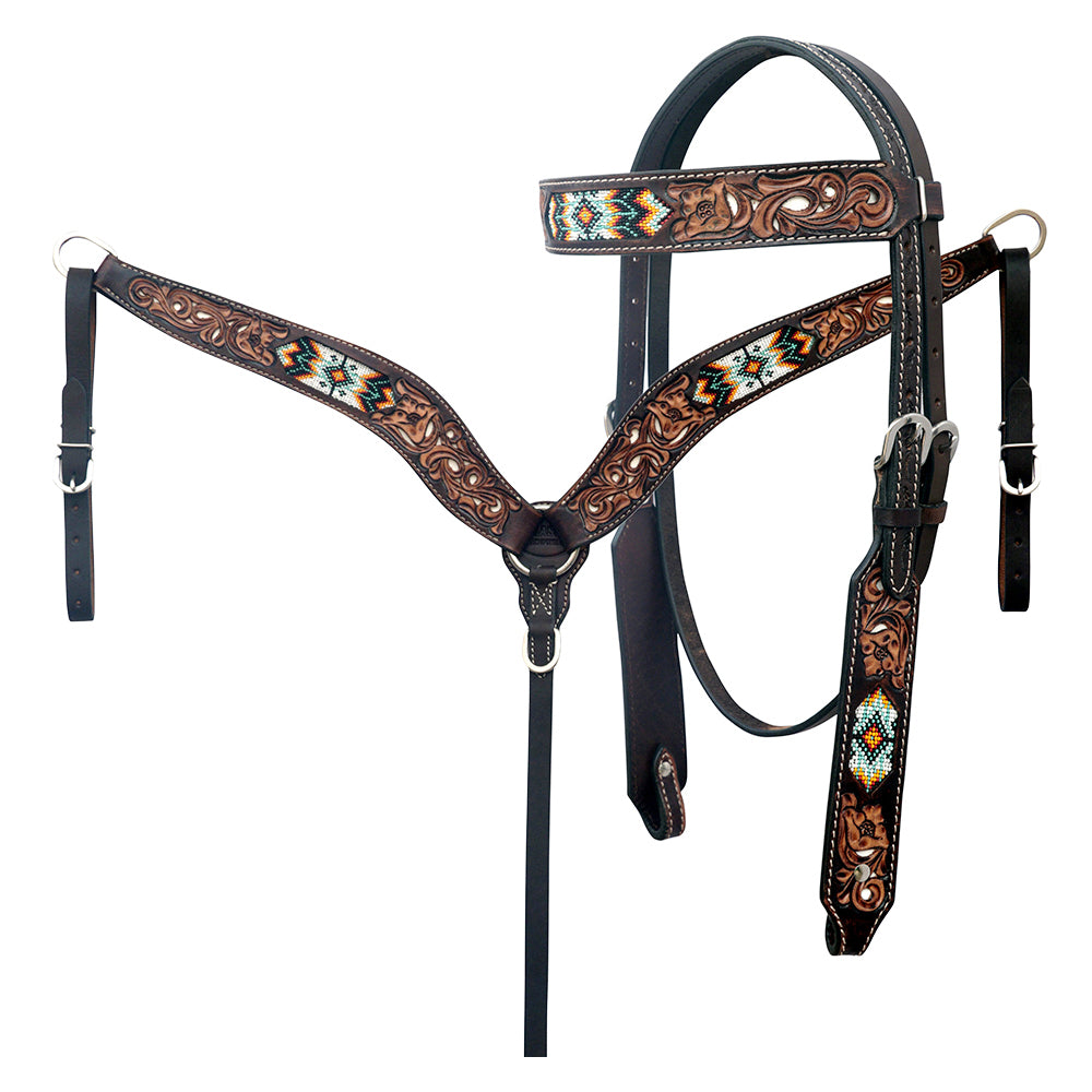 HILASON Western Leather Horse Headstall & Breast Collar Floral Beeded Brown