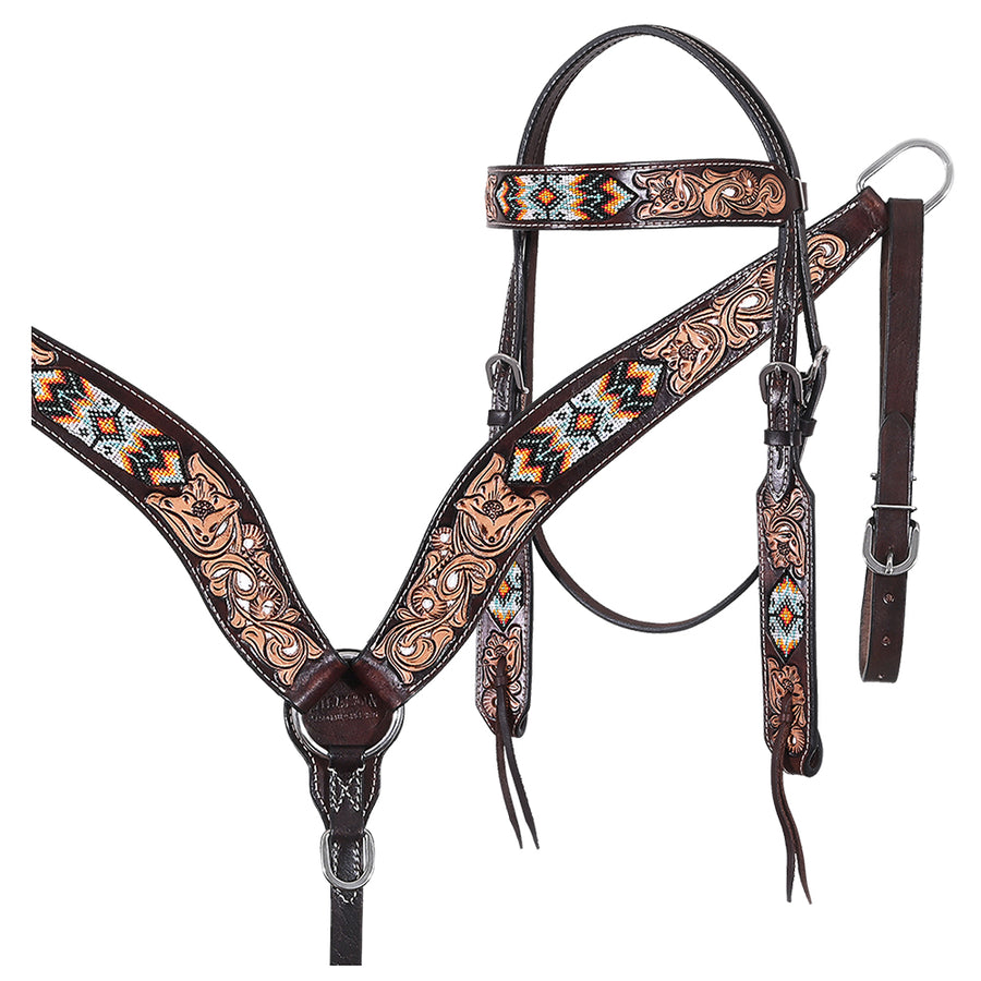 Hilason Horse Floral Hand Carved American Leather Breast Collar Headstall with Beaded Work Brown - Uhorse