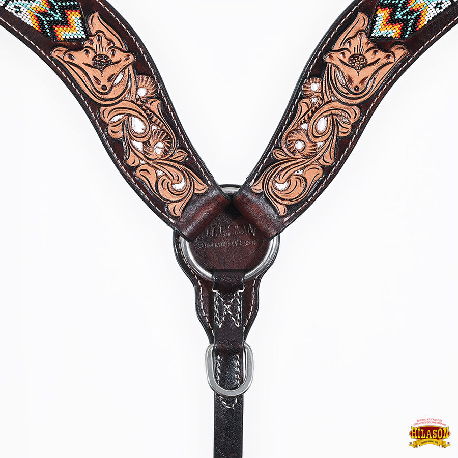 HILASON Western Leather Horse Headstall & Breast Collar Floral Beaded Brown