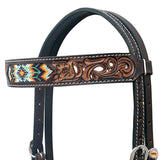 Hilason Western Horse Floral Hand Carved American Leather Headstall W/ Beaded Work Brown