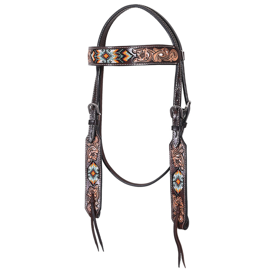 Hilason Western Horse Floral Hand Carved American Leather Headstall with Beaded Work Brown - Uhorse