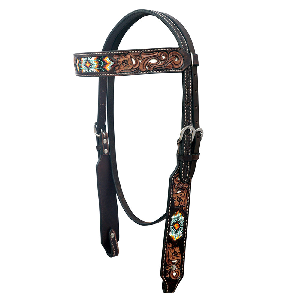 Hilason Western Horse Floral Hand Carved American Leather Headstall W/ Beaded Work Brown