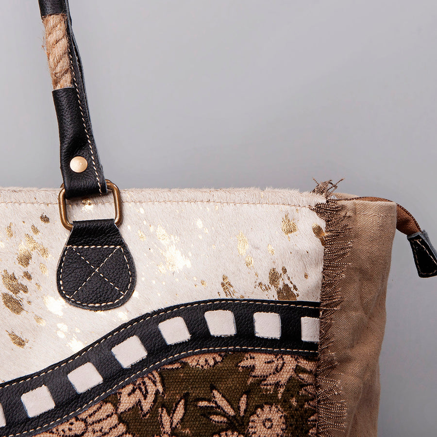 OHLAY Weekender Upcycled Canvas Hair-On Genuine Leather Women Bag Western Handbag Purse | Womens Handbags Belt for Summer
