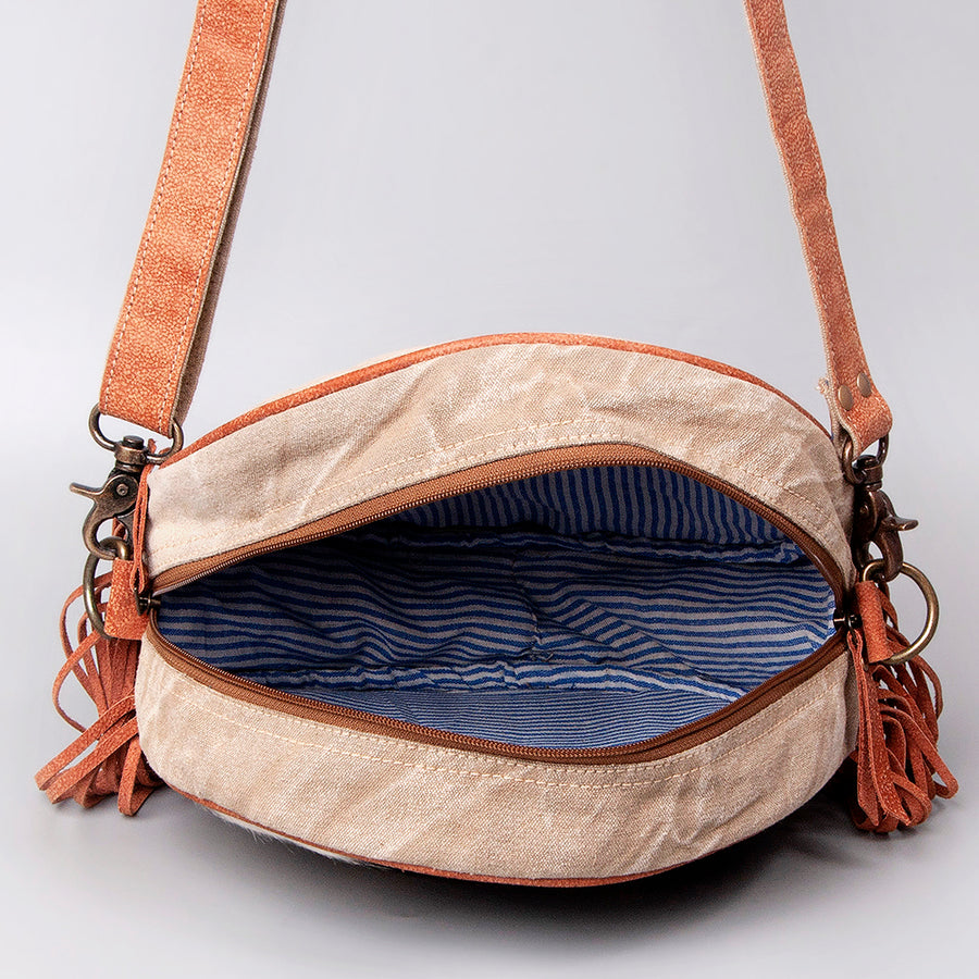 Ohlay Bags OHV119 Canteen Upcycled Wool Canvas Hair-On Genuine Leather Women Bag Western Handbag Purse