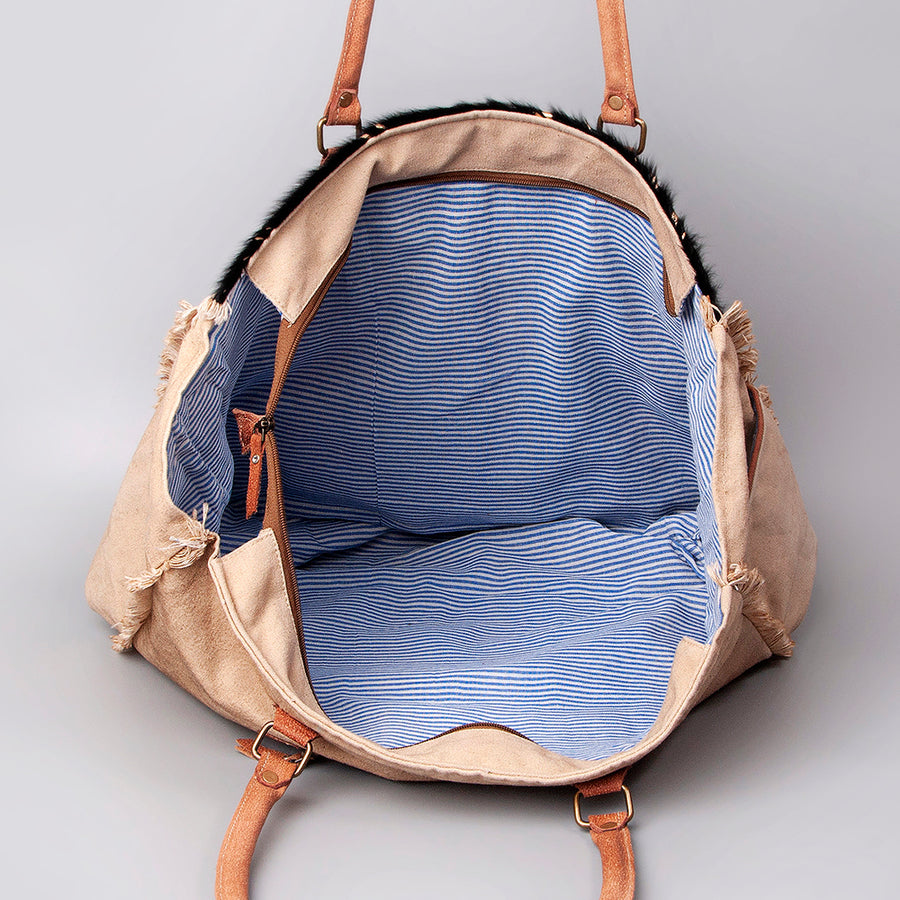 OHLAY Weekender Upcycled Wool Canvas Hair-On Genuine Leather Women Bag Western Handbag Purse Womens Handbags Belt for Summer