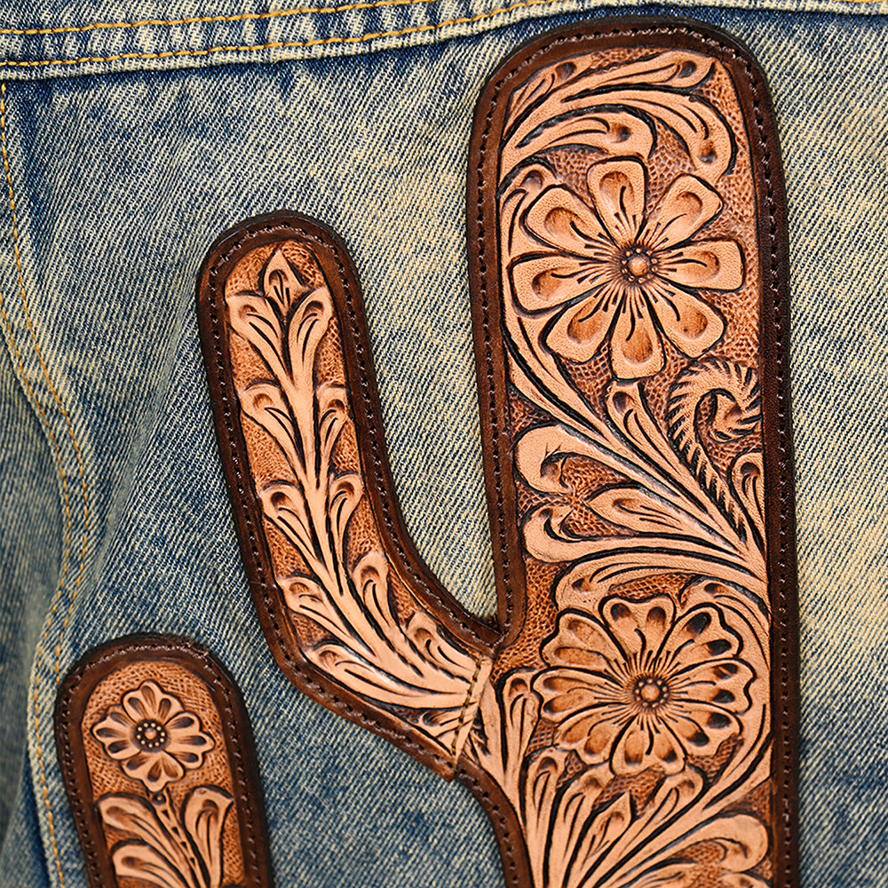 ADJKT021 Genuine leather Hand tooled hand carved Women 100% cotton Denim jacket dress ladies girl