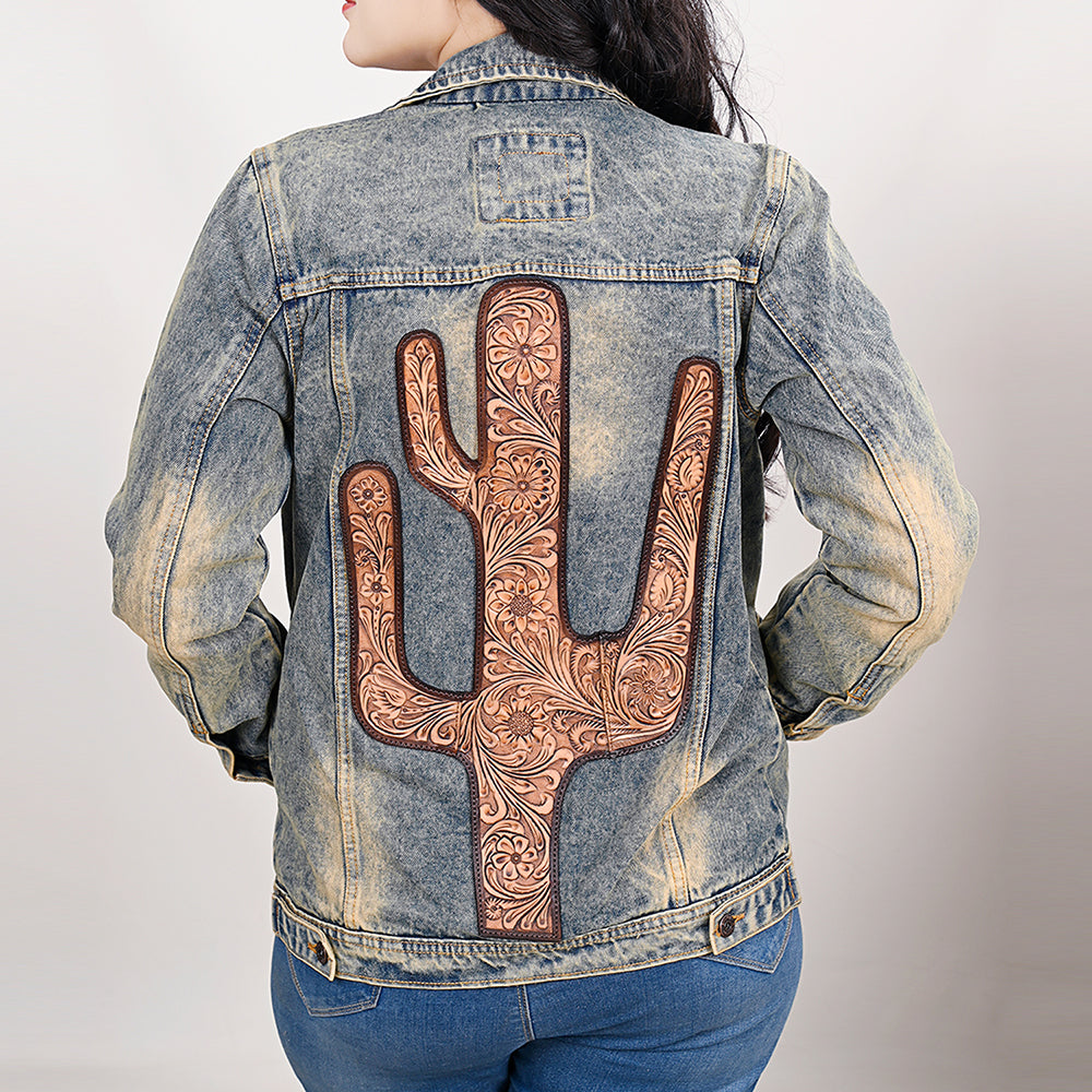 ADJKT021 Genuine leather Hand tooled hand carved Women 100% cotton Denim jacket dress ladies girl