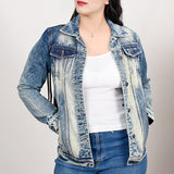 ADJKT024 Genuine leather Hand tooled hand carved Women 100% cotton Denim jacket dress ladies girl
