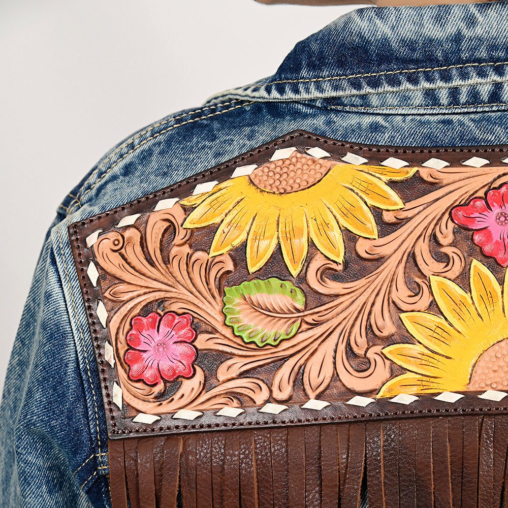 ADJKT024 Genuine leather Hand tooled hand carved Women 100% cotton Denim jacket dress ladies girl