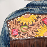 ADJKT024 Genuine leather Hand tooled hand carved Women 100% cotton Denim jacket dress ladies girl