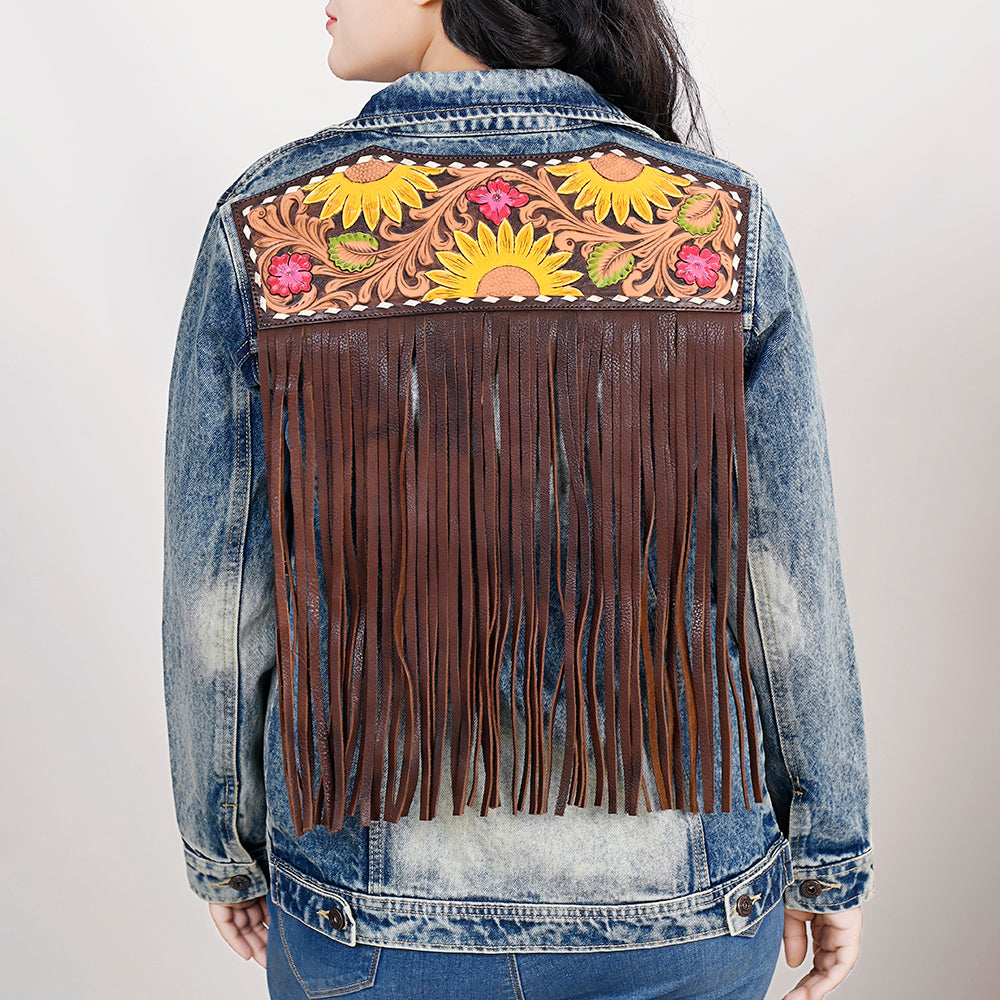 ADJKT024 Genuine leather Hand tooled hand carved Women 100% cotton Denim jacket dress ladies girl