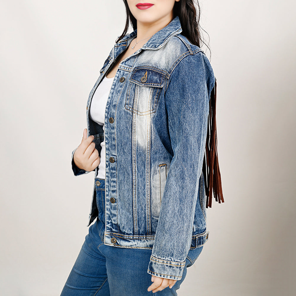 ADJKT029 Genuine leather Hand tooled hand carved Women 100% cotton Denim jacket dress ladies girl