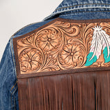 ADJKT029 Genuine leather Hand tooled hand carved Women 100% cotton Denim jacket dress ladies girl