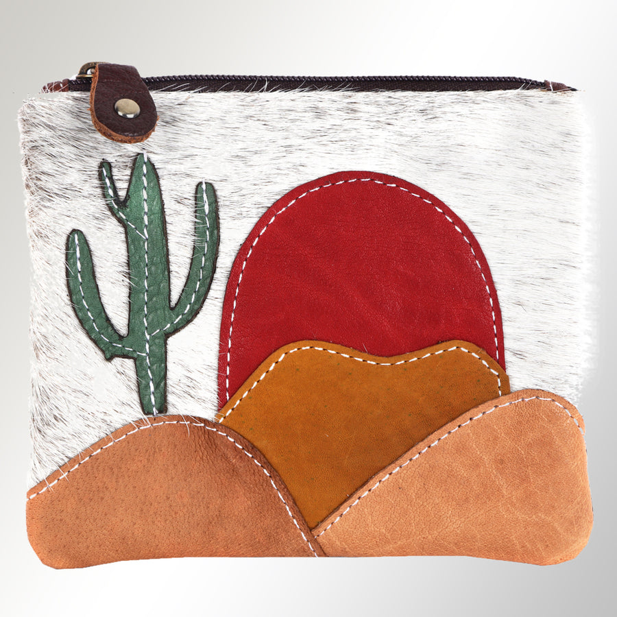 American Darling Coin Purse Western Hair-On Cowhide Genuine Leather Handcrafted Small Wallet Pouch with Cactus Design