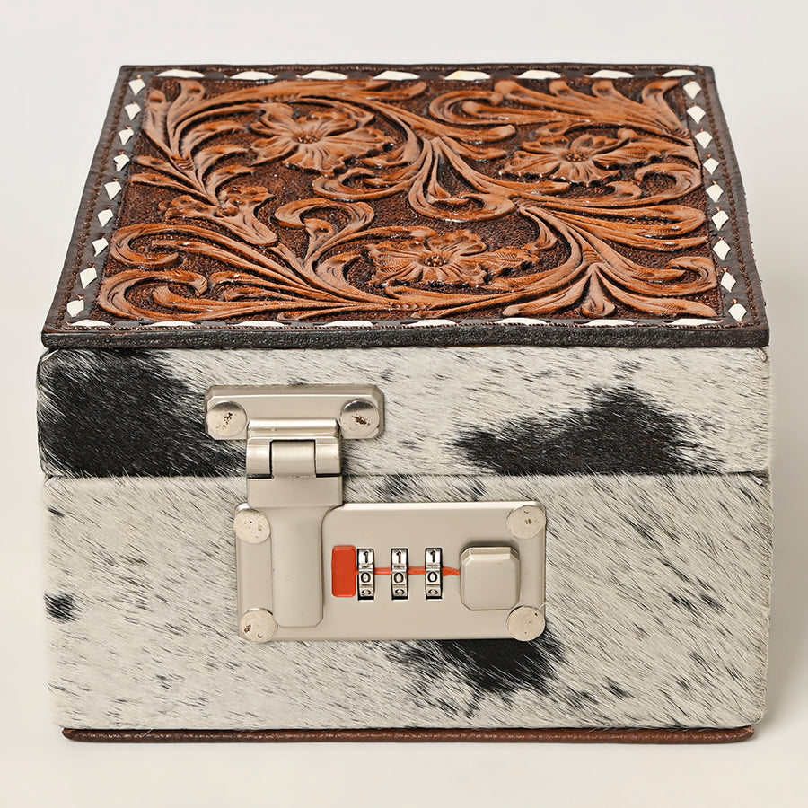 American Darling Hair-On Cowhide Hand Tooled Floral Carved Leather Jewelry Case Genuine Western Leather with YKK Zipper