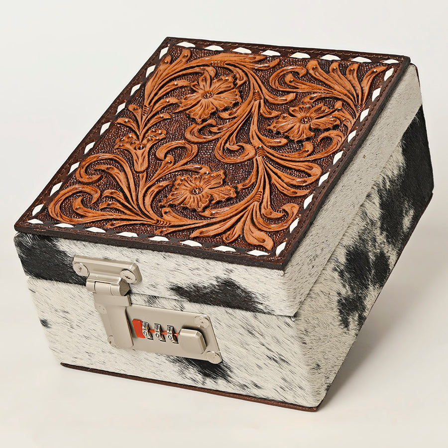 American Darling Hair-On Cowhide Hand Tooled Floral Carved Leather Jewelry Case Genuine Western Leather with YKK Zipper