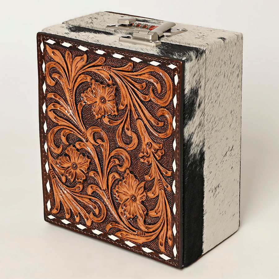 American Darling Hair-On Cowhide Hand Tooled Floral Carved Leather Jewelry Case Genuine Western Leather with YKK Zipper