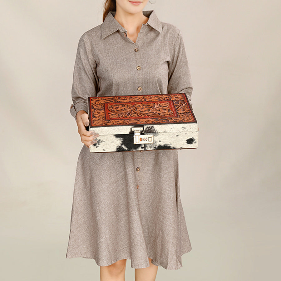 American Darling Hair-On Cowhide Hand Tooled Floral Carved Leather Jewelry Case Genuine Western Leather with YKK Zipper