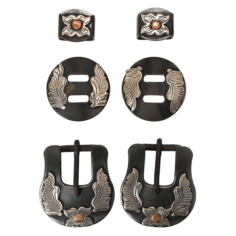 Metal western belt buckle set with silver leaf tooling and copper accents - Uhorse