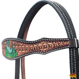 Hilason Horse Cactus Hand Painted American Leather Breast Collar Headstall Brown