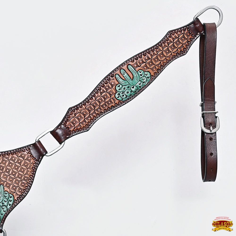 Hilason Horse Cactus Hand Painted American Leather Breast Collar Headstall Brown
