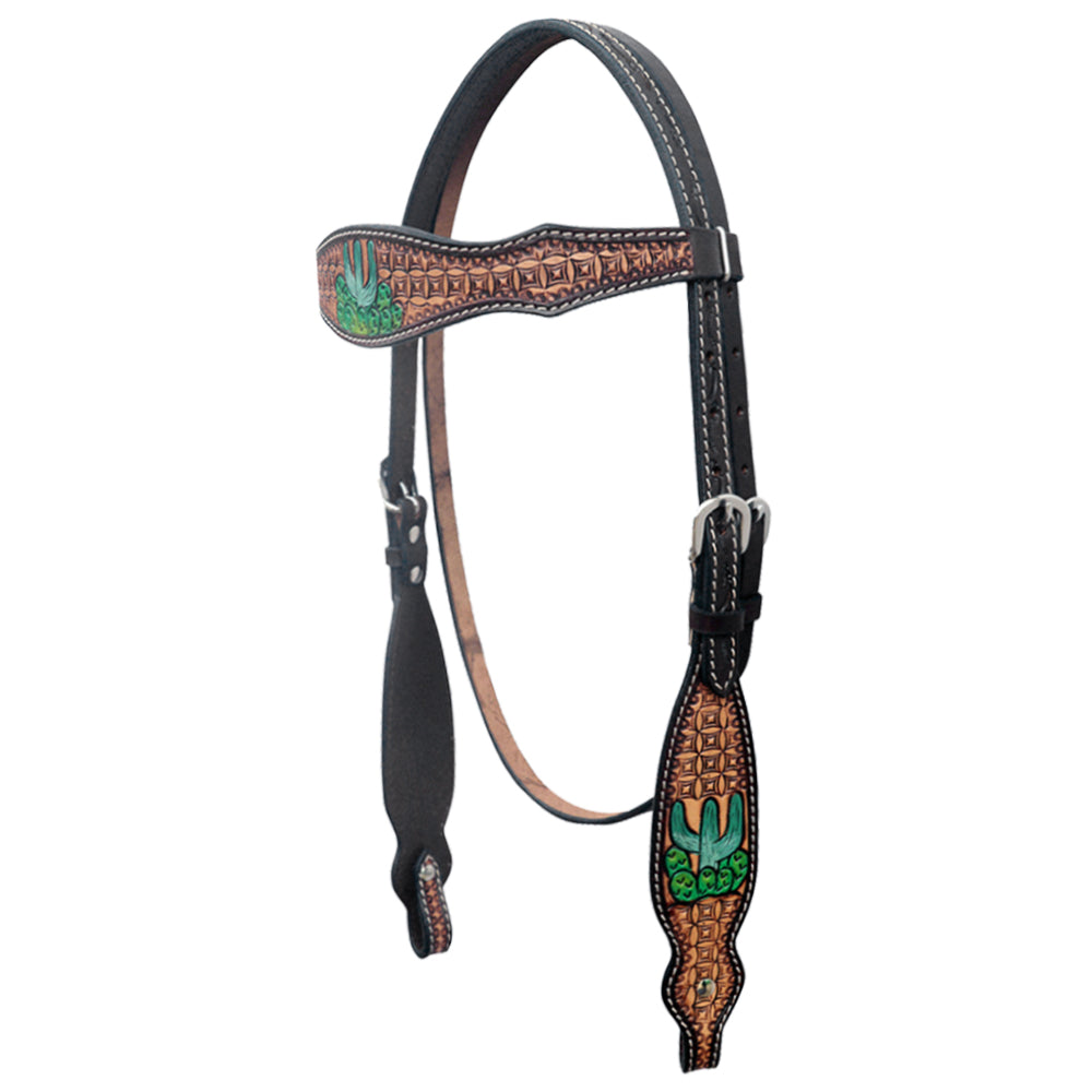 Hilason Western Horse Cactus Hand Painted American Leather Headstall Brown