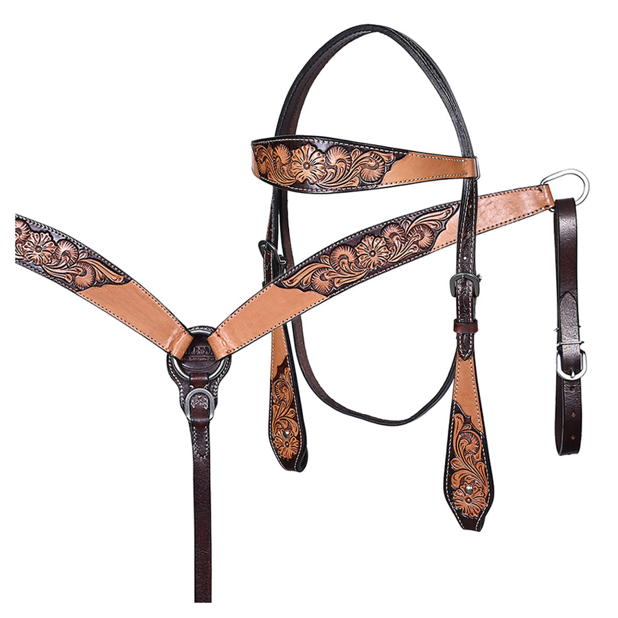 Hilason Horse Floral Hand Carved American Leather Breast Collar Headstall Tan - Uhorse