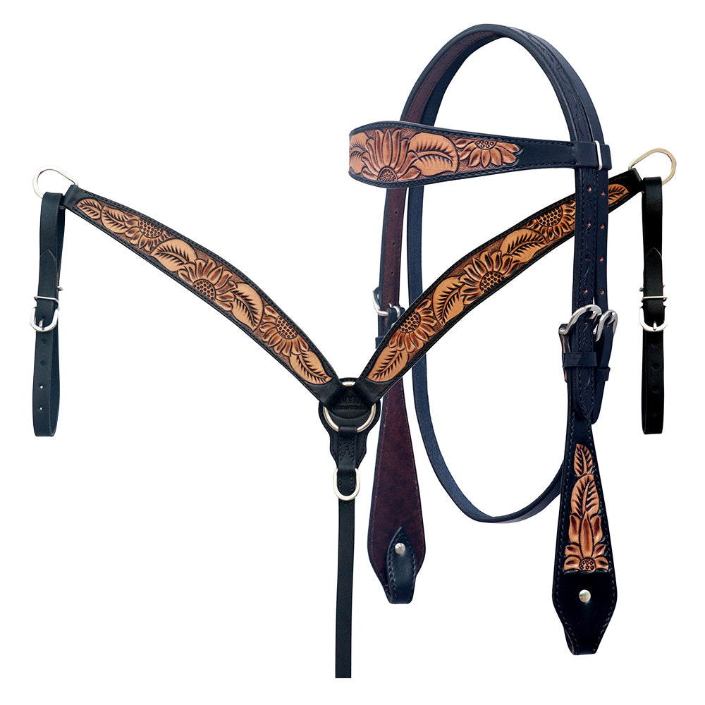 Hilason Horse Floral Hand Carved American Leather Breast Collar Headstall