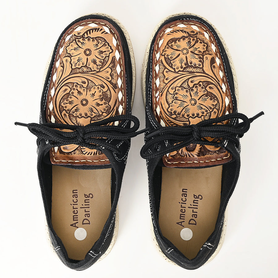 American Darling Hand tooled, carved genuine leather trim lightweight shoe footwear, slip on| Tooled Footwear