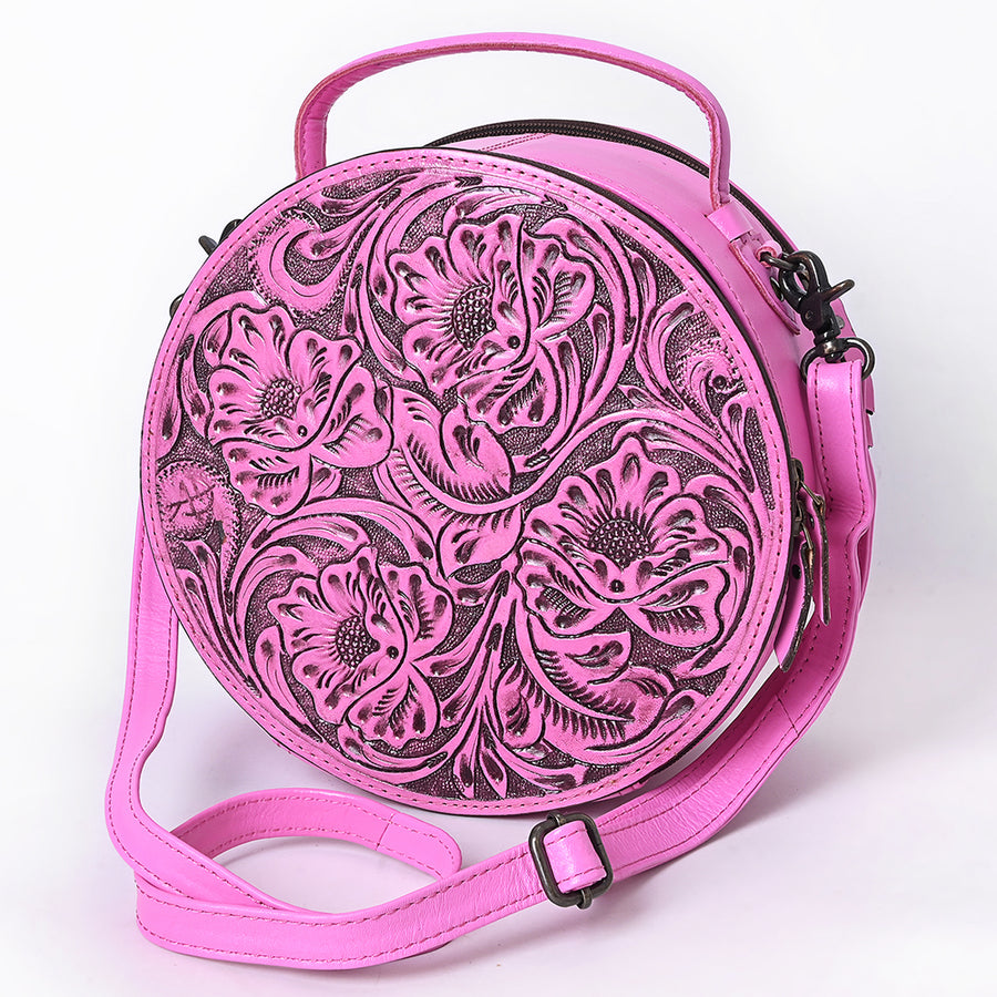 American Darling Pink Western Leather Canteen Bag - Genuine Leather Hand-Tooled Round Crossbody by American Darling - Uhorse