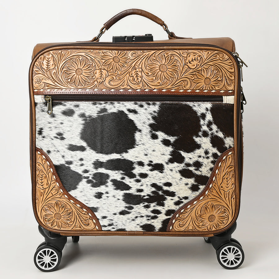 American Darling Hair-On Cowhide Trolley Bag – Genuine Leather Hand-Tooled Rolling Luggage with Multi-Compartment Interior and Telescopic Handle