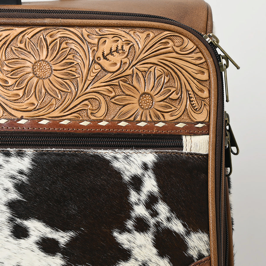 American Darling Hair-On Cowhide Trolley Bag – Genuine Leather Hand-Tooled Rolling Luggage with Multi-Compartment Interior and Telescopic Handle