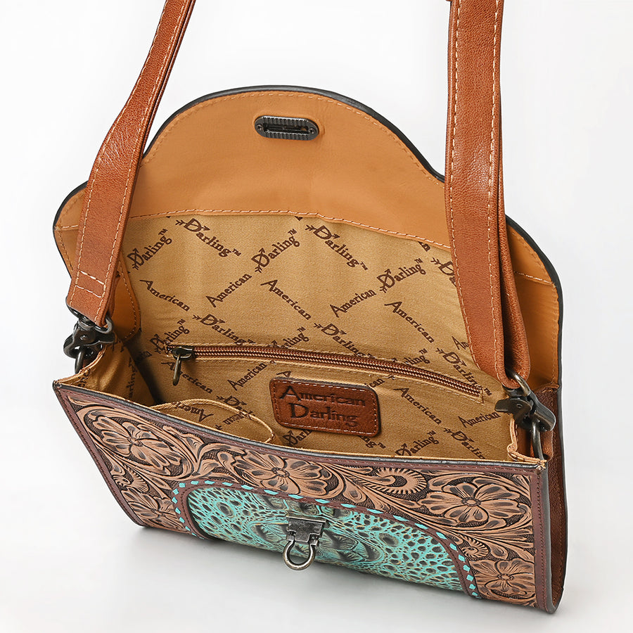 American Darling Western Crossbody Clutch Handcrafted from Tooled Leather & Crocodile Embossed | Multi-Textured Flap Bag