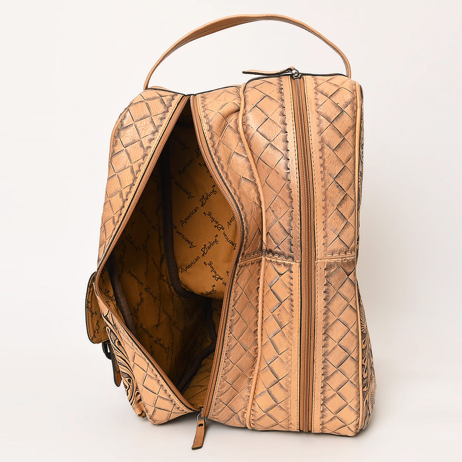 American Darling Western Boot Cover Travel Case Handcrafted from Hand Tooled Genuine Leather | Floral & Basketweave Design with Carry Handle