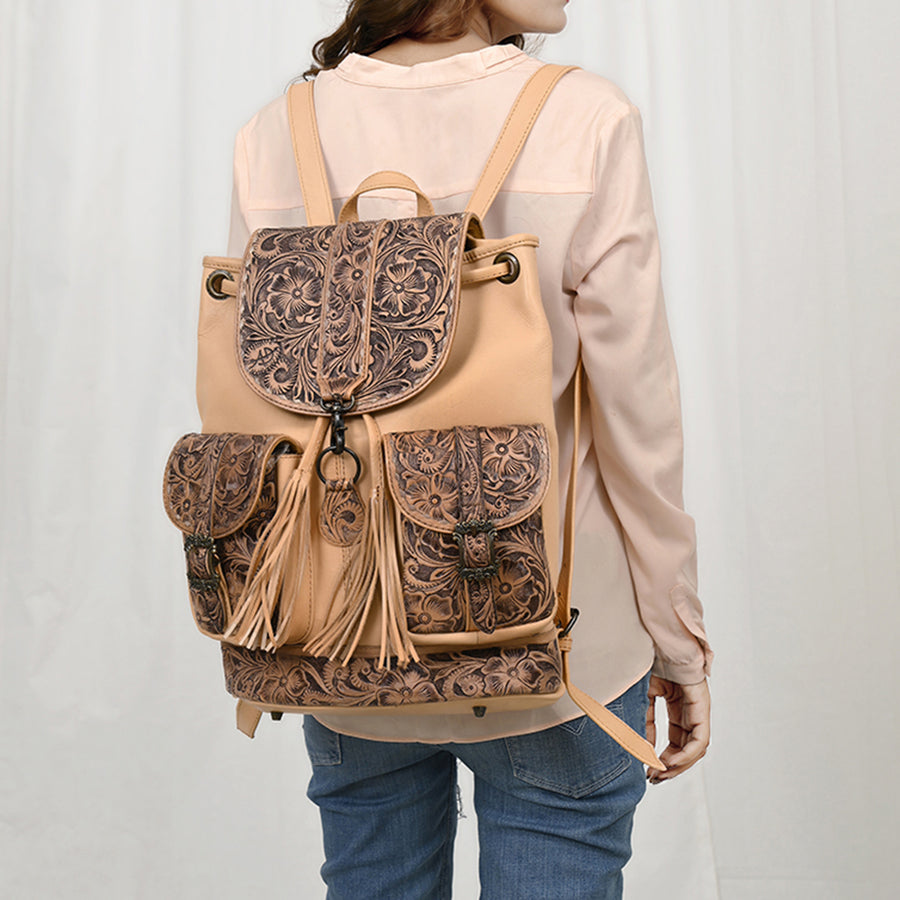 American Darling Western Backpack Handcrafted from Hand Tooled Genuine Leather | Floral Carved Flap & Dual Front Buckle Pockets