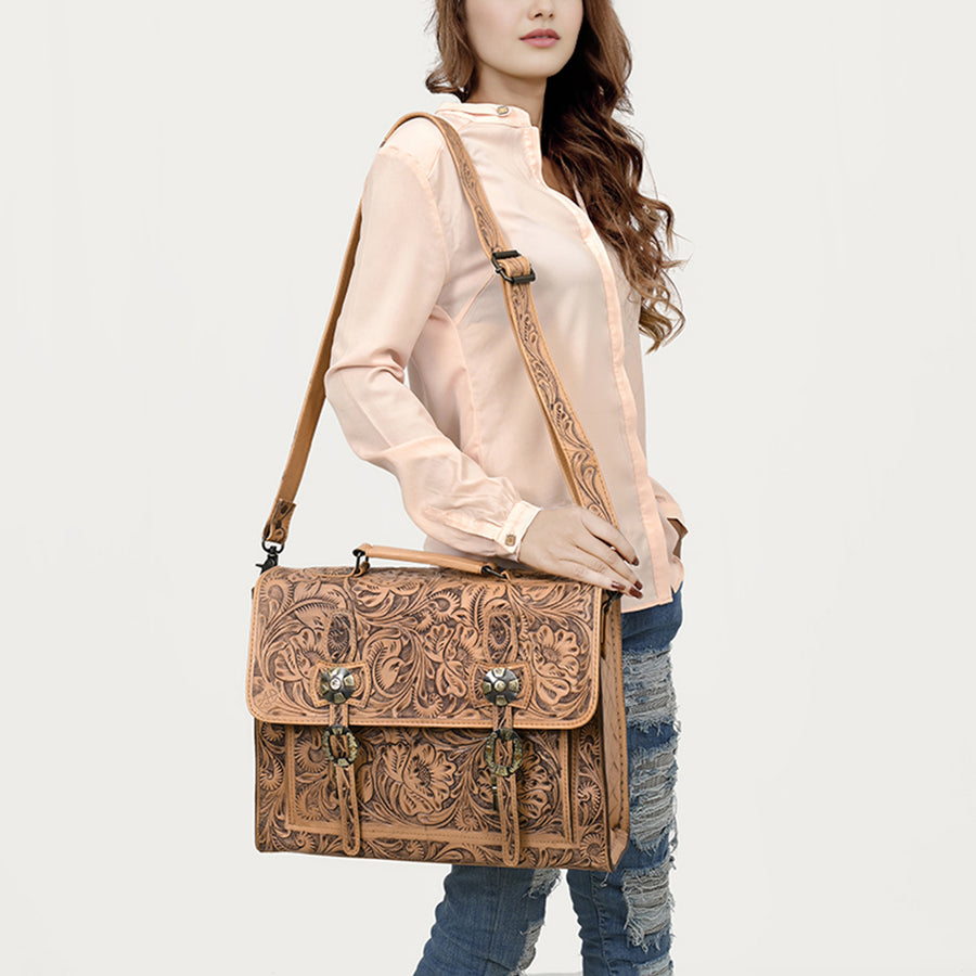American Darling Western Laptop Briefcase Handcrafted from Hand Tooled Genuine Leather | Floral Carved Flap & Basketweave Body
