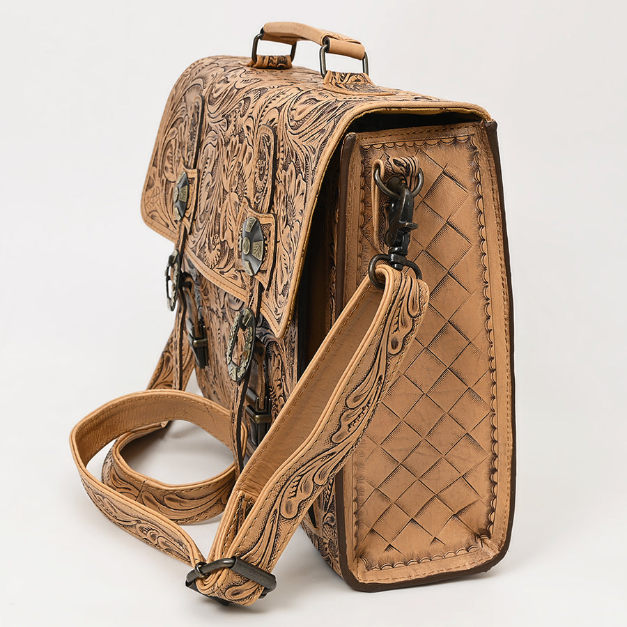 American Darling Western Laptop Briefcase Handcrafted from Hand Tooled Genuine Leather | Floral Carved Flap & Basketweave Body